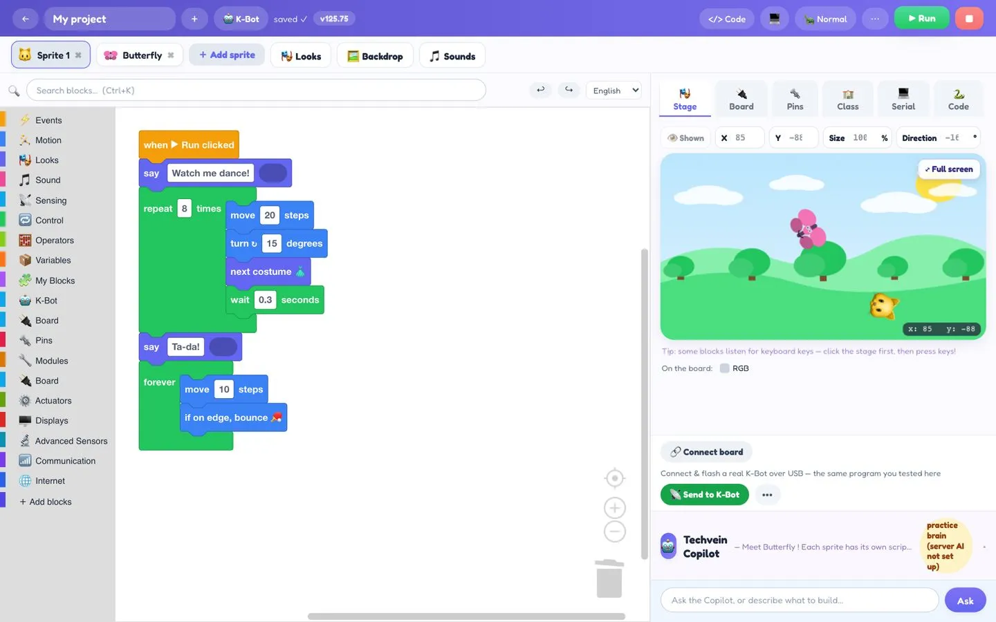 Block Coding studio with a running Blockly project and animated sprite on stage.