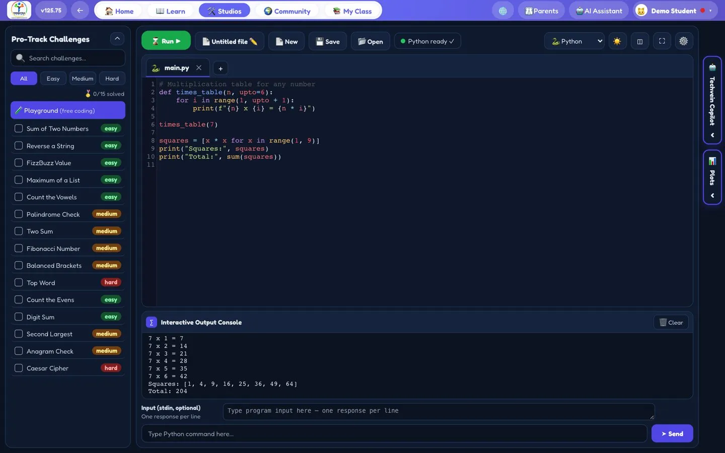 Pro-Track with Python code and its output in the browser.